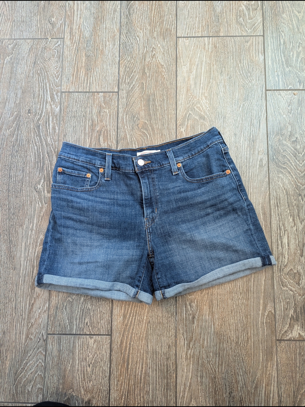 Levi's Mid Length Denim Shorts Size 31 Medium Wash Roll Hem - Picture 1 of 9